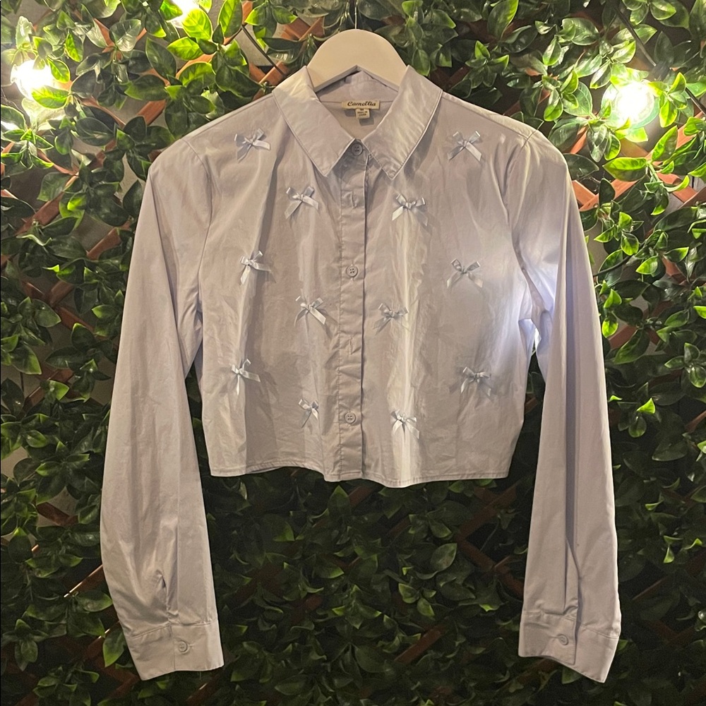 Elegant Light Blue Button Down Shirt with Bow Accents